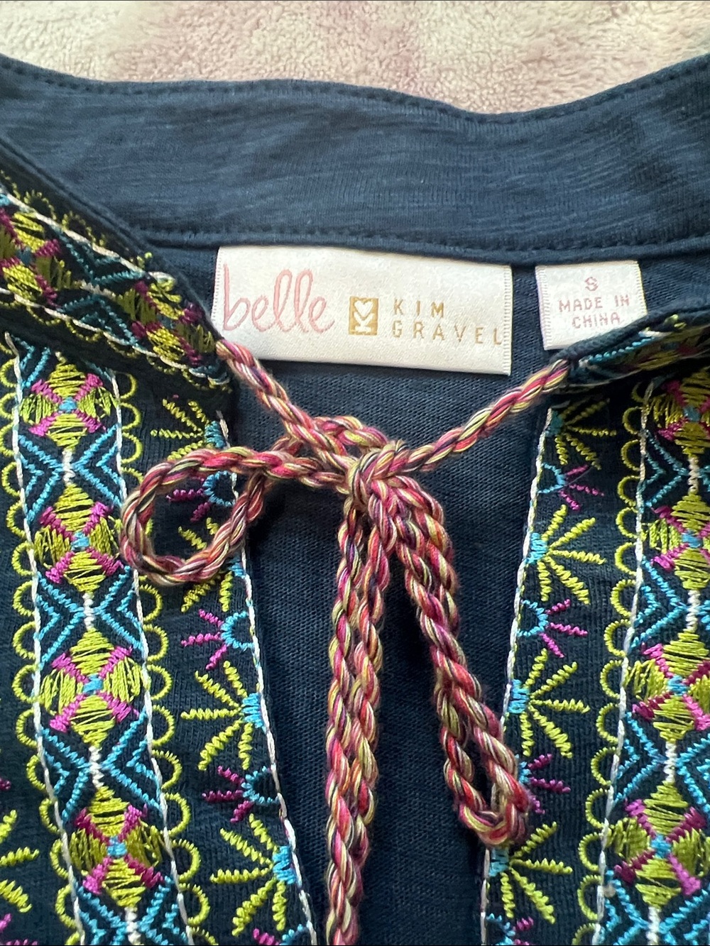 Belle by Kim Gravel Navy Embroidered Peasant Top with Multicolor Trim